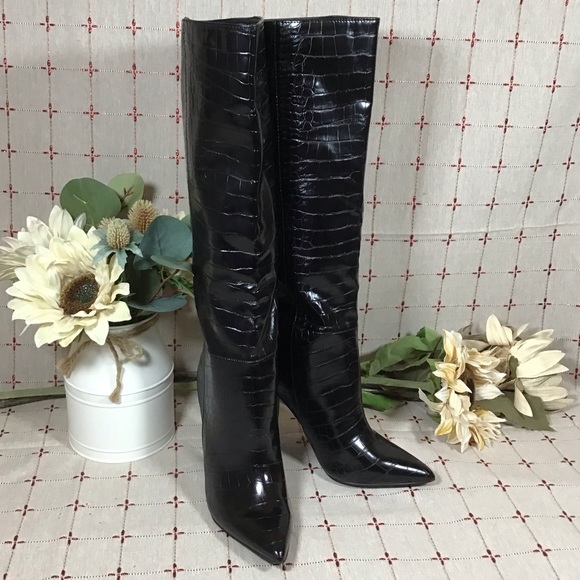 Steve Madden Shoes - Steve Madden Triumph Black Croco Embossed Knee High Pointed Toe Boots Sz 6